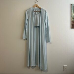 3 Piece Comfortable Cozy Light Blue Long Robe Crop Top Pants Set